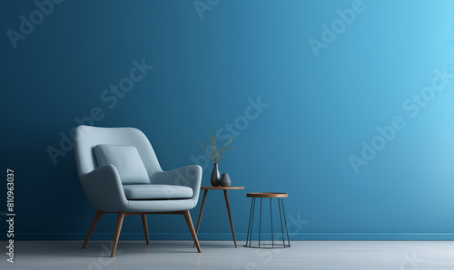 3d rendering  Minimalist interior design of a modern living room with a blue wall and armchair