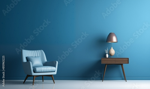 3d rendering  Minimalist interior design of a modern living room with a blue wall and armchair