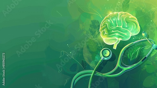 Picture a vibrant green background adorned with a stethoscope and a brain shaped symbol symbolizing a focus on mental health awareness and the treatment of conditions such as dementia Parkin photo