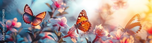 Colorful butterflies gracefully flit above the blooming flowers in a city park, highlighting the beauty of urban wildlife in a natural setting photo