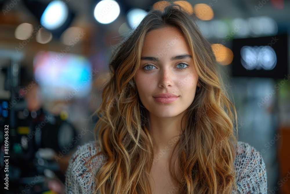 Obraz premium Close-up portrait of a woman with striking blue eyes in a retail setting