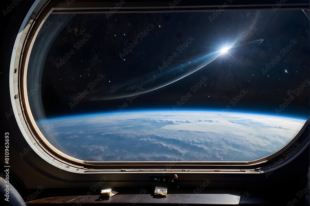 Blick aus dem Fenster einer Raumschiffs auf die Erde - Weltall - KI generiert Blick aus dem Fenster einer Raumschiffs auf die Erde - Weltall - KI generiert