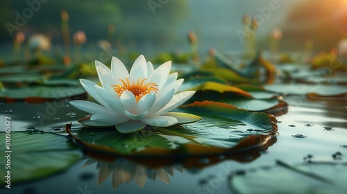  A vast green expanse of lily pads, bathed by golden sunlight, holds a grand white blossom atop