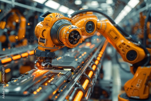 Highly detailed image of a robotic arm part of an automated production line in a modern factory