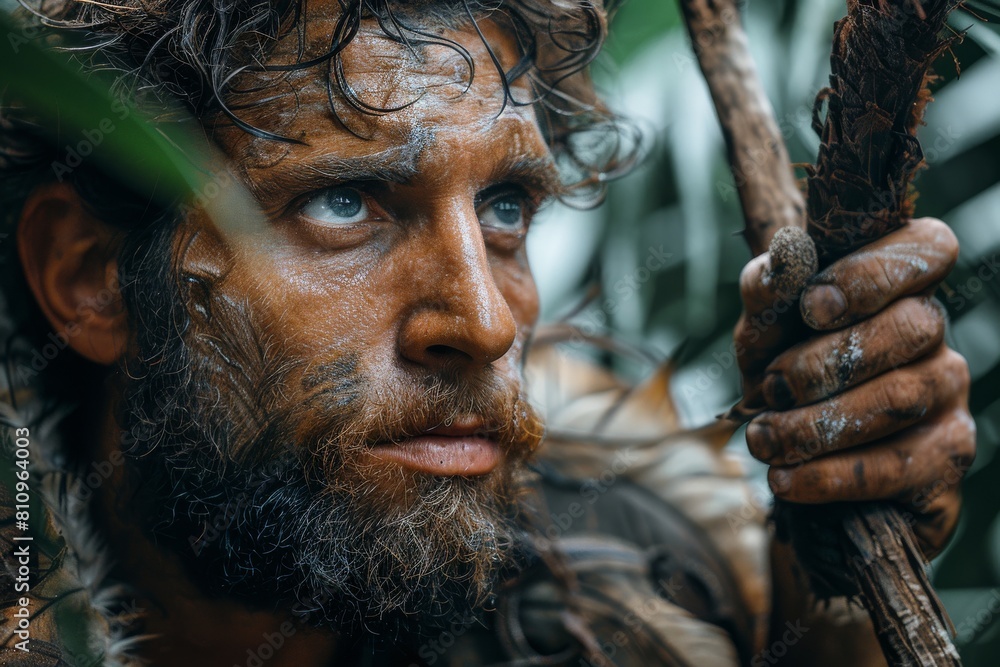 A gritty image of a rugged man in a survival scenario, camouflaged in a dense jungle setting A gritty image of a rugged man in a survival scenario, camouflaged in a dense jungle setting