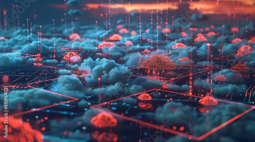 A cloud of data is floating in the sky, surrounded by a cityscape. Concept of technology and progress, as well as the vastness of the digital world