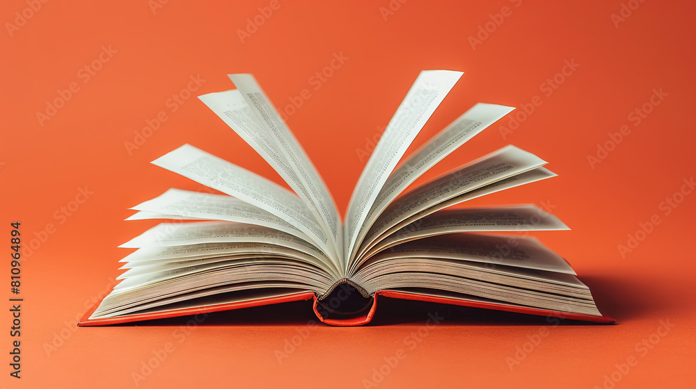An open book on a red table with folded heart-shaped pages against an orange backdrop An open book on a red table with folded heart-shaped pages against an orange backdrop