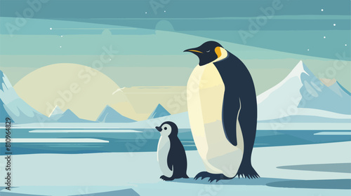 Penguin with baby in North pole Arctic poster Vector