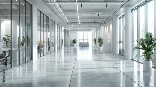 Modern empty office space with glass partitions and cityscape view