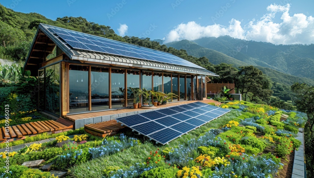 Obraz premium Accentuate the efficiency of solar tiles amidst a verdant landscape.