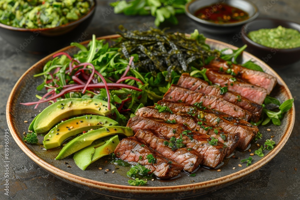 Plate of Steak, Avocado, and Greens Plate of Steak, Avocado, and Greens