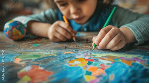 Photo of a child drawing a picture of a peaceful world