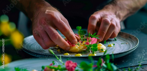 A chef preparing dish with green garnish on plate, creativity and skill concept photo