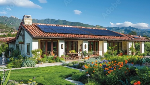 Accentuate the efficiency of solar tiles amidst a verdant landscape. © 2D_Jungle