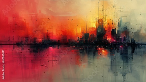 A painting of a cityscape at sunset. The sky is a vibrant orange and the water is a deep blue. The city is made up of tall buildings and there is a bridge in the foreground.