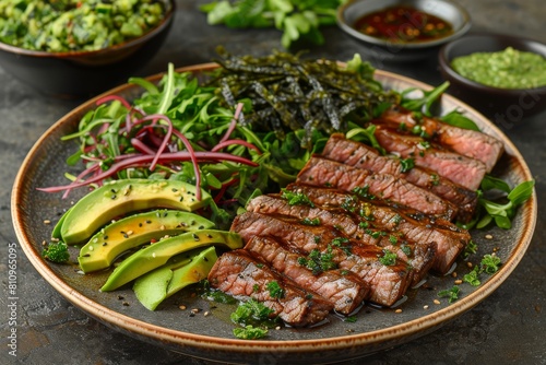 Plate of Steak, Avocado, and Greens