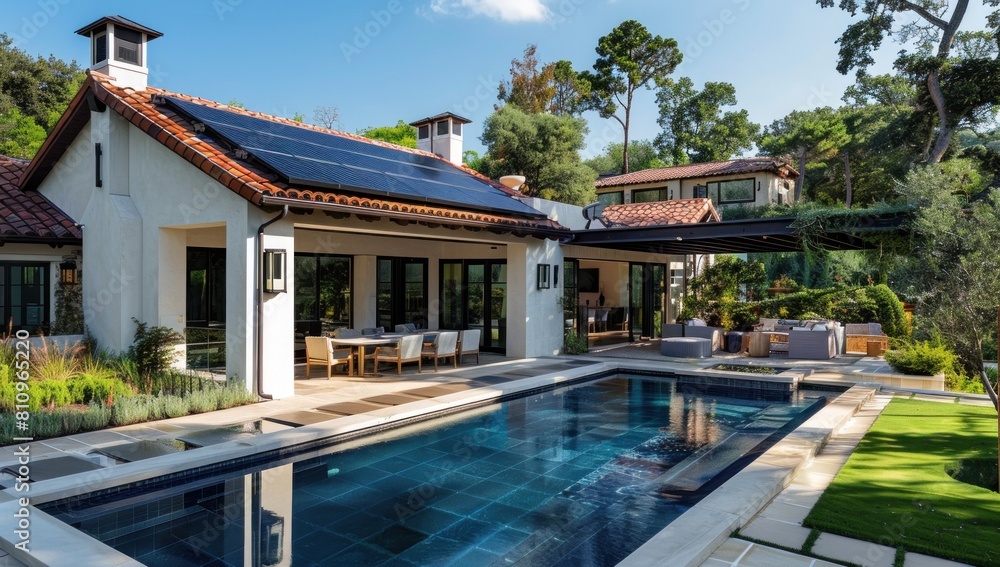 Accentuate the functionality of solar tiles amidst a verdant landscape.