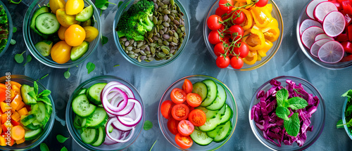 Variety of colorful fresh vegetables displayed in bowls on a counter  healthy food concept.