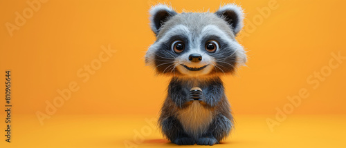 Cartoon raccoon with big smile on its face sitting on clean yellow background