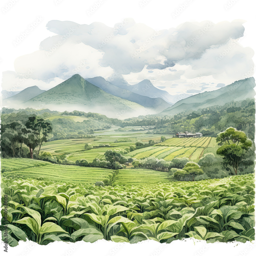 Obraz premium Watercolor tea garden. Scenery of tea plantation.