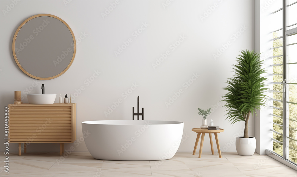 White tile bathroom interior with wooden cabinet, round mirror and white bathtub near window. Modern minimalistic style home decor White tile bathroom interior with wooden cabinet, round mirror and white bathtub near window. Modern minimalistic style home decor