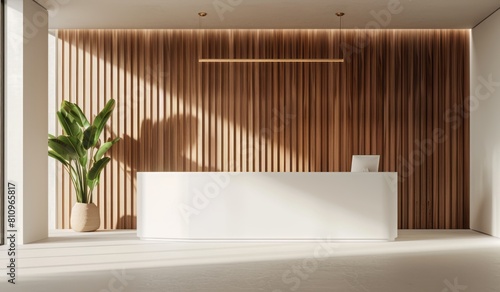 A white reception desk with wood paneling behind it in an office space