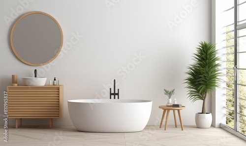 White tile bathroom interior with wooden cabinet  round mirror and white bathtub near window. Modern minimalistic style home decor