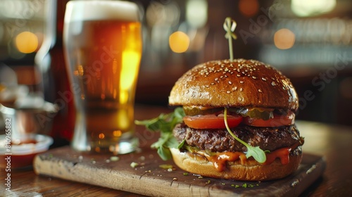 Juicy hamburger with fresh toppings and beer on a wooden table photo