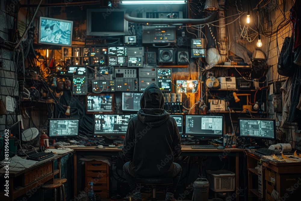 An individual with their back turned sits amidst a cluttered workshop containing a variety of monitors and technology An individual with their back turned sits amidst a cluttered workshop containing a variety of monitors and technology