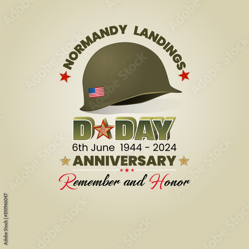 Holiday design, background with handwriting and 3d texts, army helmet and national flag colors for D-Day American event, 80th anniversary celebration; Vector illustration
