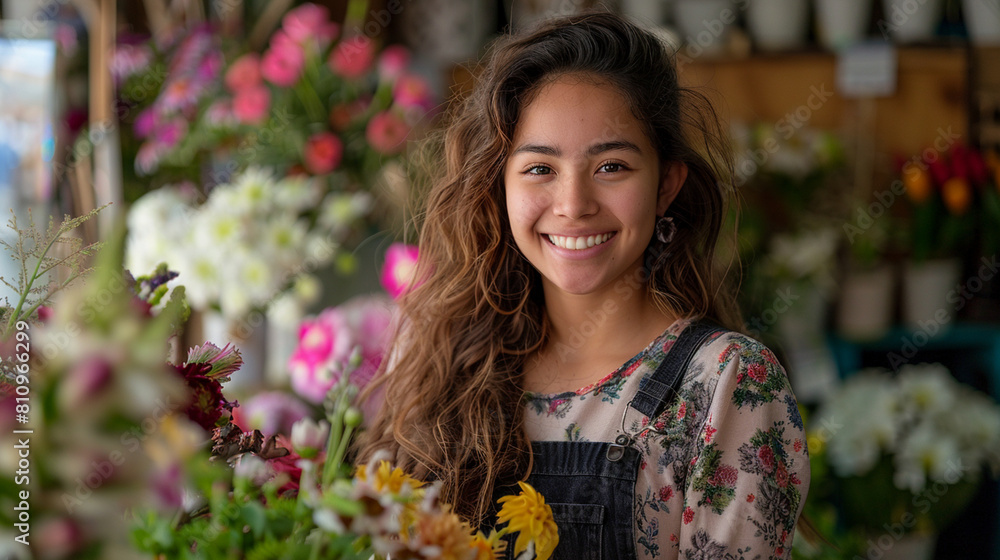 Radiant Hispanic florist, owning a charming shop, graces every bloom with her smile. Her warmth invites patrons to a world of floral enchantment. Radiant Hispanic florist, owning a charming shop, graces every bloom with her smile. Her warmth invites patrons to a world of floral enchantment.