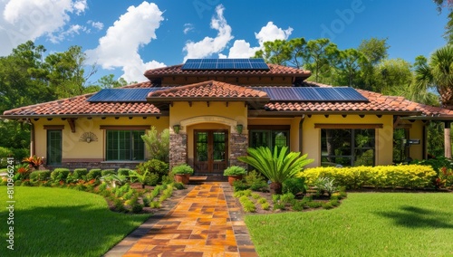 Display the versatility of solar tiles against a backdrop of rich greenery. © 2D_Jungle
