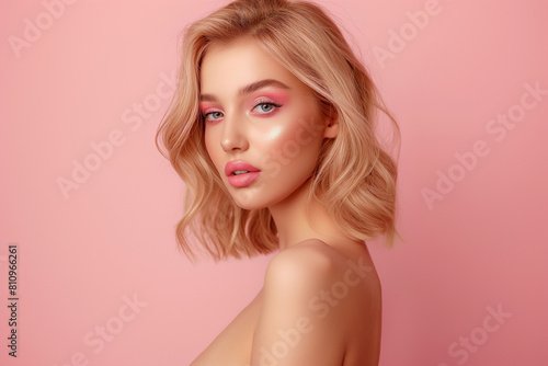 Photo of blonde woman with pink makeup and wavy hair posing on a pink background
