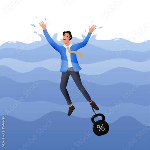 A man is drowning with a heavy weight tied with a chain to his leg. High interest rates and difficult loan payments. Vector illustration.