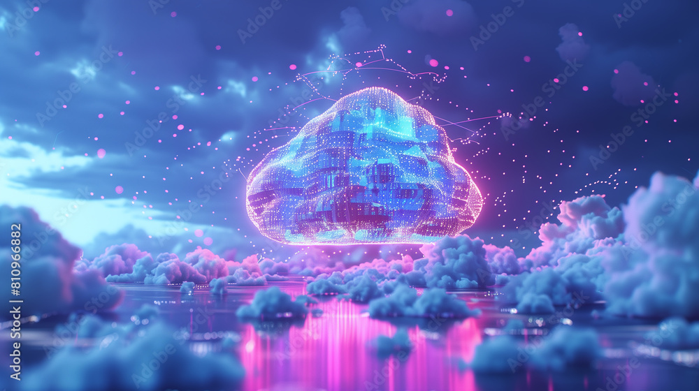 A cloud of data is floating in the sky, surrounded by a cityscape. Concept of technology and progress, as well as the vastness of the digital world A cloud of data is floating in the sky, surrounded by a cityscape. Concept of technology and progress, as well as the vastness of the digital world
