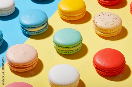 Colorful macarons on bright background