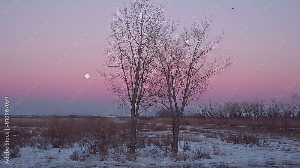 a full moon appears between two naked trees against a white backdrop of snow-covered fields a full moon appears between two naked trees against a white backdrop of snow-covered fields