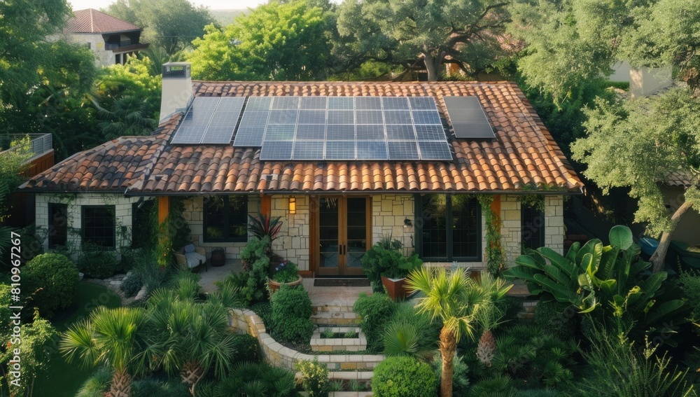 Showcase a radiant array of solar tiles against a lush, verdant backdrop. Showcase a radiant array of solar tiles against a lush, verdant backdrop.