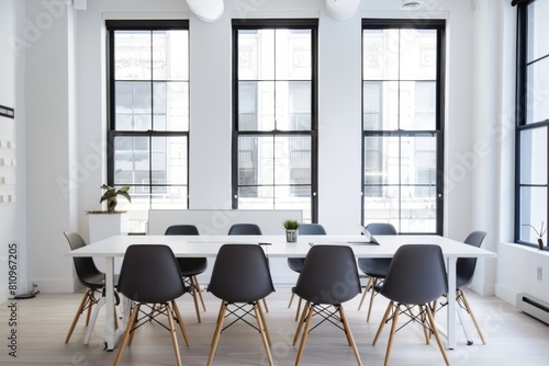 A white wall in an office room with black and grey chairs around it  and large windows on the right side of the picture  creating a spacious feel