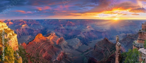 A panoramic view of the Grand Canyon at sunrise