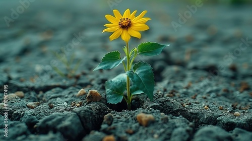   Yellow flower grows from ground crack with green leaf photo
