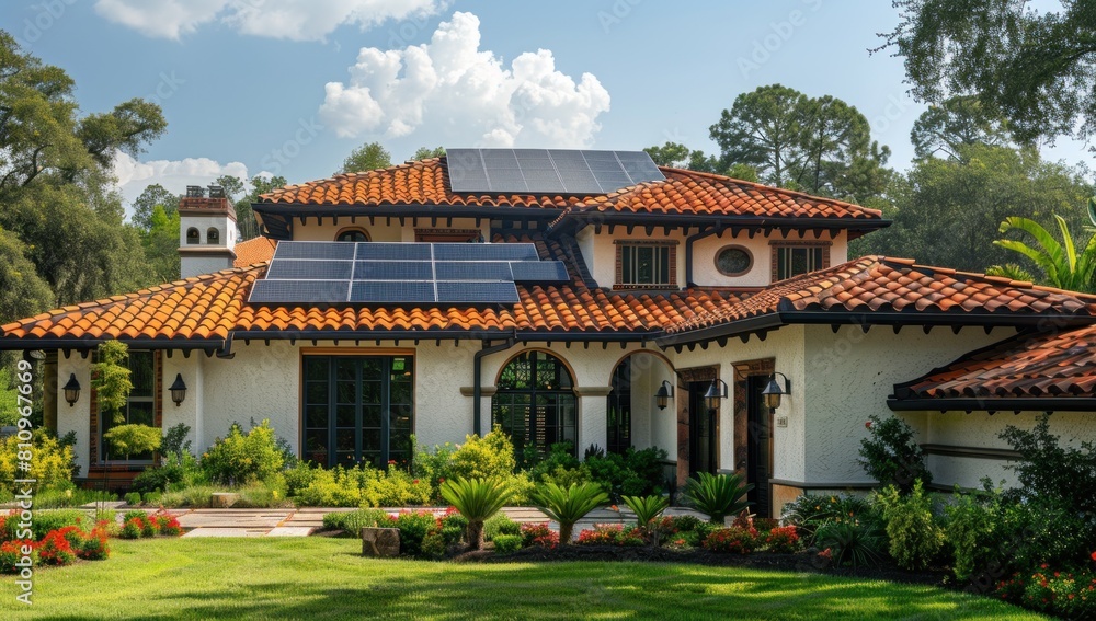 Showcase the sophistication of solar tiles against a backdrop of thriving greenery.