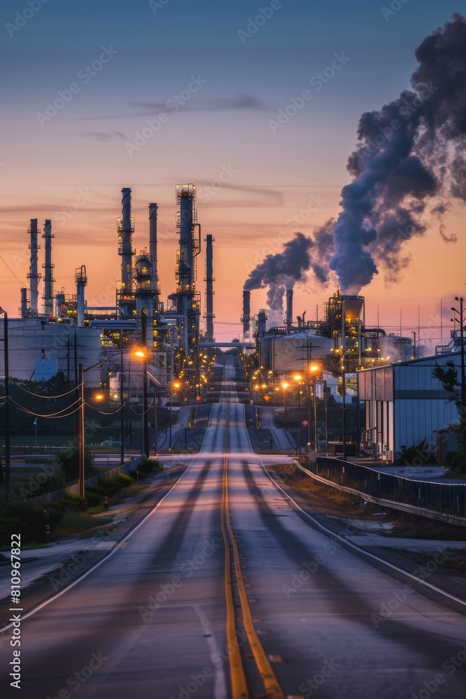 Sprawling industrial complex at dusk with emitting smokestacks Sprawling industrial complex at dusk with emitting smokestacks