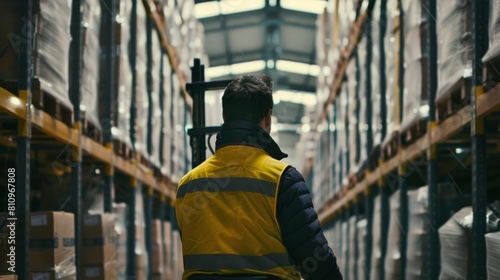 Focused warehouse worker driving forklift among aisles