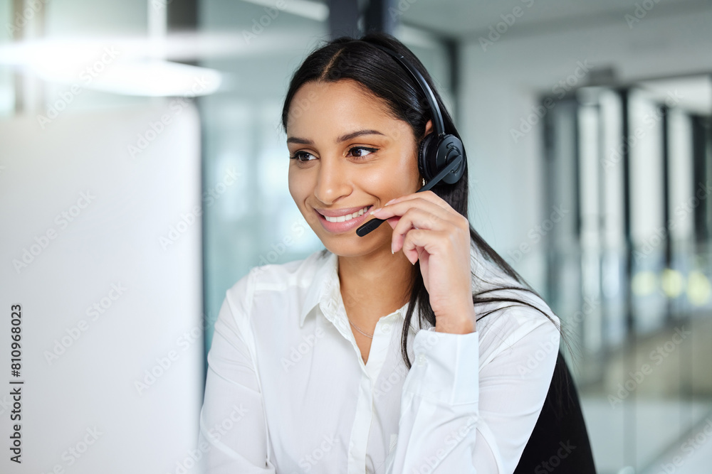 Phone call, callcenter and woman with smile, headset or consultant in customer service agency. Lead generation, sales and happy virtual assistant at help desk with telemarketing advisor at crm office Phone call, callcenter and woman with smile, headset or consultant in customer service agency. Lead generation, sales and happy virtual assistant at help desk with telemarketing advisor at crm office