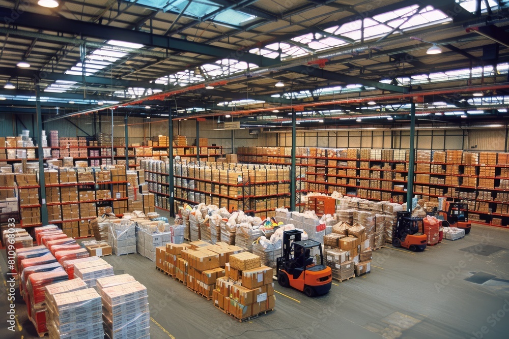 Warehouse with forklift and neatly organized goods during daytime Warehouse with forklift and neatly organized goods during daytime