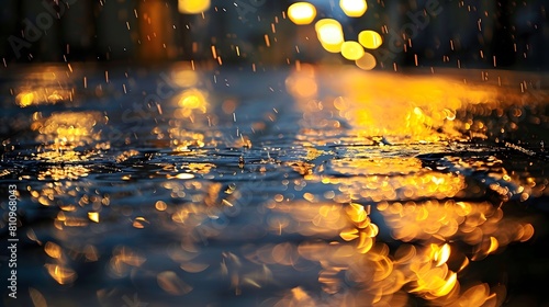 Raindrop - A template background featuring raindrops wetting the asphalt road with dynamic golden-yellow lighting. A nostalgic background of memories