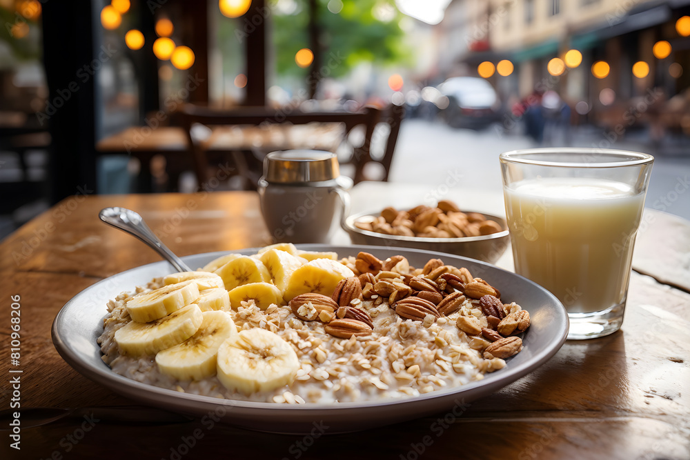 Cozy café breakfast. Oatmeal with bananas and nuts; ideal for food blogs, menu designs, and nutrition articles Cozy café breakfast. Oatmeal with bananas and nuts; ideal for food blogs, menu designs, and nutrition articles