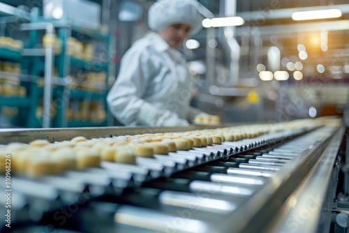 Automated bakery production line with female worker in background