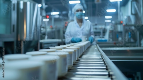 Woman monitoring product quality in food factory